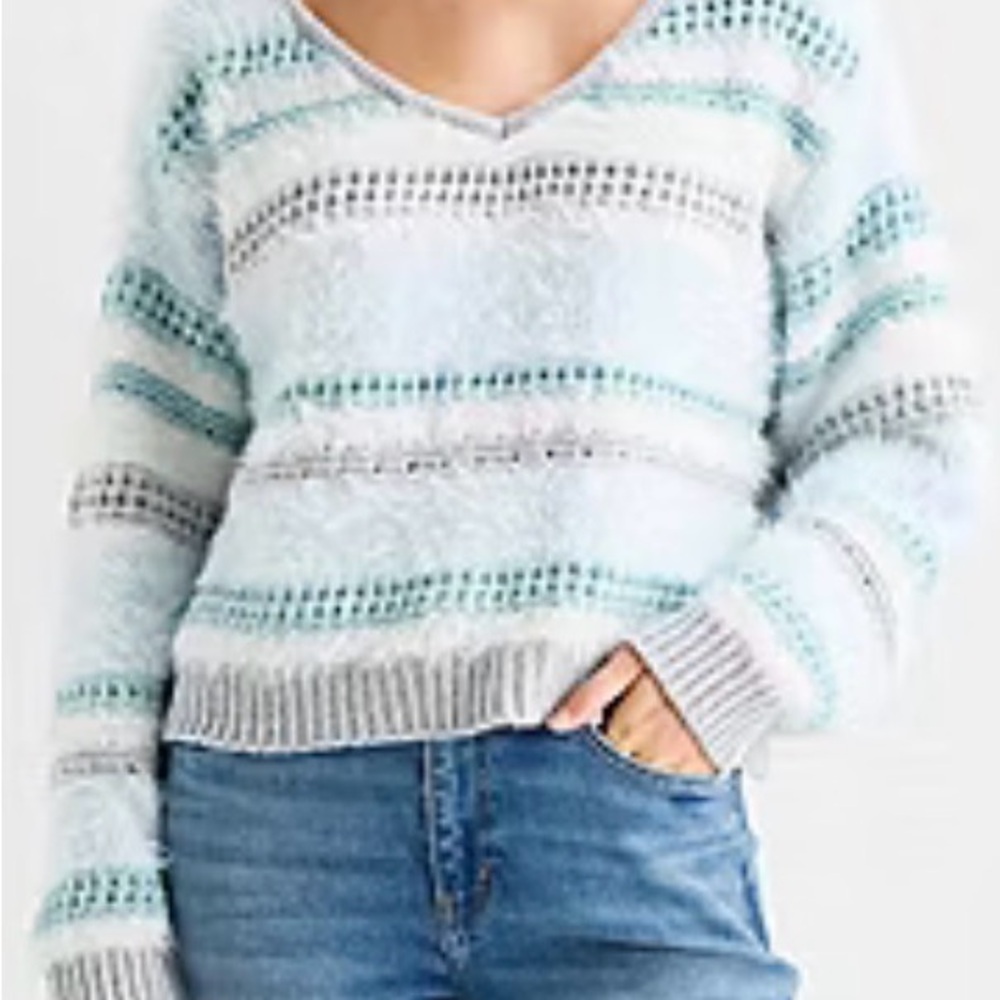 Arizona Jean Company Fuzzy V-Neck Sweater - Blue and Gray